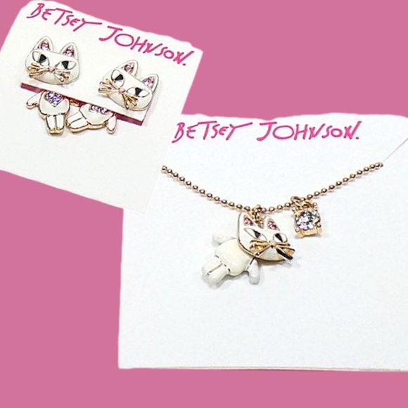 Betsey Johnson White Cat Necklace & Earrings NEW